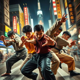 A dynamic, action-packed scene featuring legendary martial artists Bruce Lee, Jackie Chan, Jet Li, Sammo Hung, Chow Yun Fat, and Iko Uwais