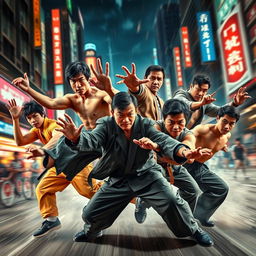 A dynamic, action-packed scene featuring legendary martial artists Bruce Lee, Jackie Chan, Jet Li, Sammo Hung, Chow Yun Fat, and Iko Uwais