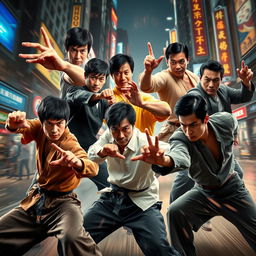 A dynamic, action-packed scene featuring legendary martial artists Bruce Lee, Jackie Chan, Jet Li, Sammo Hung, Chow Yun Fat, and Iko Uwais