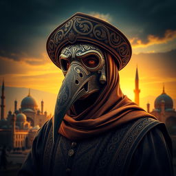 A striking and detailed portrait of a Plague Doctor, infused with Iranian and Islamic artistic elements