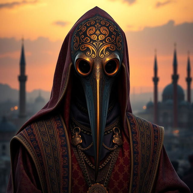 A striking and detailed portrait of a Plague Doctor, infused with Iranian and Islamic artistic elements