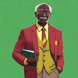 This is a high-quality, full-body digital illustration of a fictional character: a slim, dark-skinned, middle-aged elder from Guyana