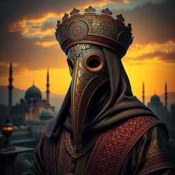 A striking and detailed portrait of a Plague Doctor, infused with Iranian and Islamic artistic elements