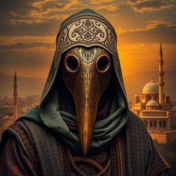 A striking and detailed portrait of a Plague Doctor, infused with Iranian and Islamic artistic elements