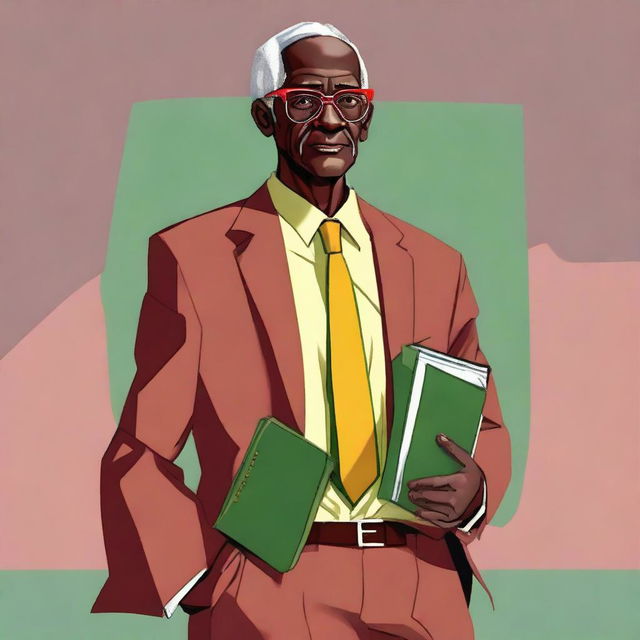 This is a high-quality, full-body digital illustration of a fictional character: a slim, dark-skinned, middle-aged elder from Guyana