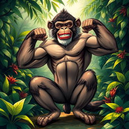 A highly detailed illustration of a muscular monkey, showcasing its impressive physique and strength