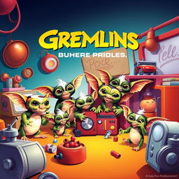 A whimsical movie poster featuring playful Gremlins causing mischief in a vibrant, humorous setting