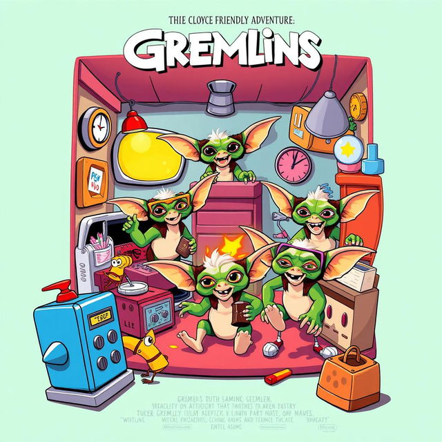 A whimsical movie poster featuring playful Gremlins causing mischief in a vibrant, humorous setting