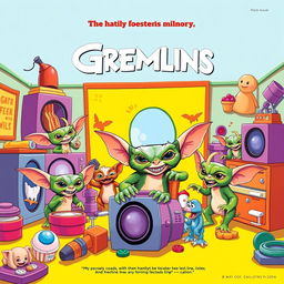 A whimsical movie poster featuring playful Gremlins causing mischief in a vibrant, humorous setting