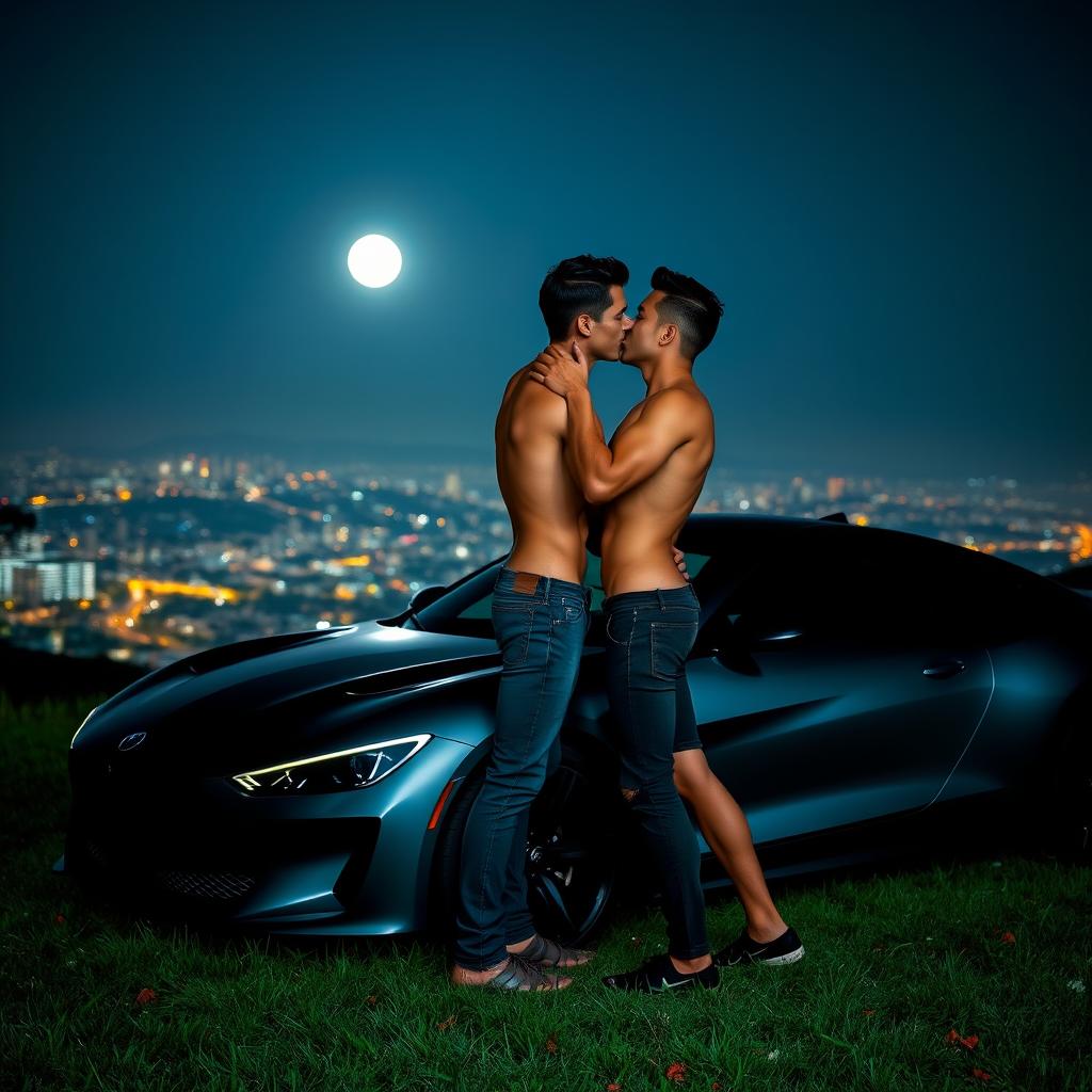 Two young, attractive, shirtless men passionately kissing against a sleek, modern car