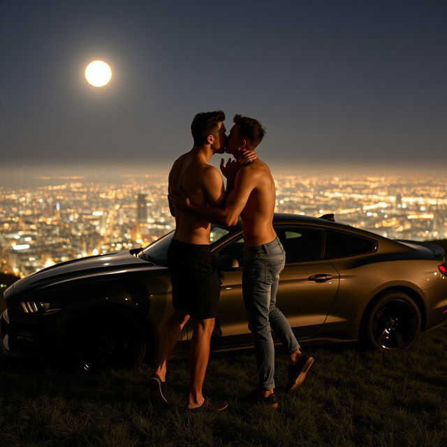 Two young, attractive, shirtless men passionately kissing against a sleek, modern car