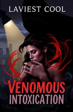 A book cover for 'Venomous Intoxication' by Laviest Cool, featuring a shadowy figure of Julian looming over Maya