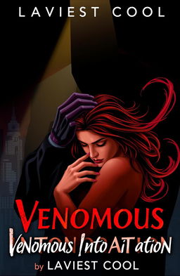 A book cover for 'Venomous Intoxication' by Laviest Cool, featuring a shadowy figure of Julian looming over Maya