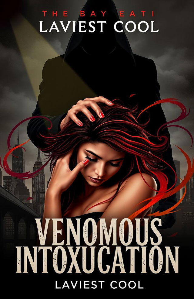 A book cover for 'Venomous Intoxication' by Laviest Cool, featuring a shadowy figure of Julian looming over Maya