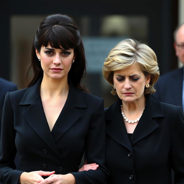 A tall, pretty woman with dark brown hair styled in bangs, elegantly pulled half up and half down, is dressed in a formal black funeral outfit, tears streaming down her face