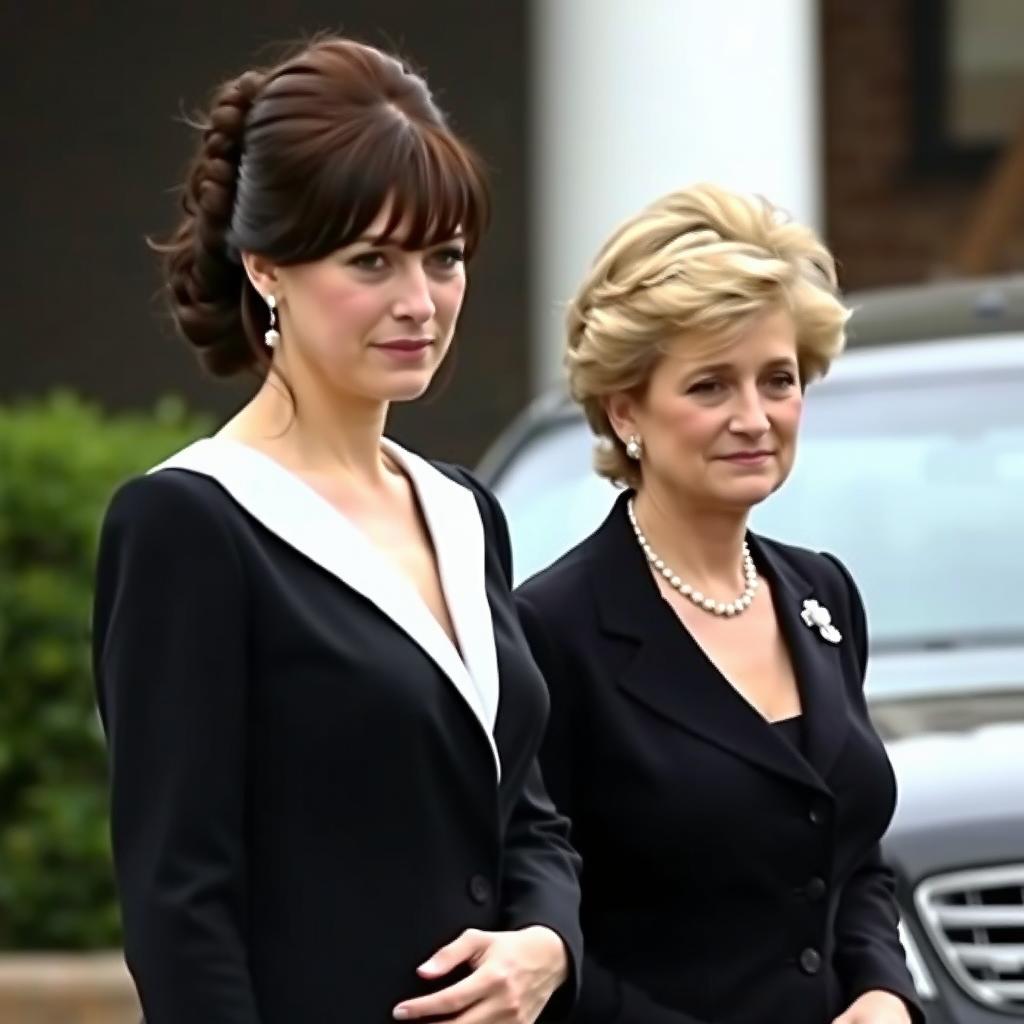 A tall, pretty woman with dark brown hair styled in bangs, elegantly pulled half up and half down, is dressed in a formal black funeral outfit, tears streaming down her face