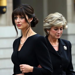 A tall, pretty woman with dark brown hair styled in bangs, elegantly pulled half up and half down, is dressed in a formal black funeral outfit, tears streaming down her face