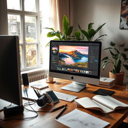 A photo editing scene featuring a stylish workspace with a computer displaying a vibrant and colorful photo editing software interface