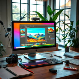 A photo editing scene featuring a stylish workspace with a computer displaying a vibrant and colorful photo editing software interface