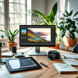 A photo editing scene featuring a stylish workspace with a computer displaying a vibrant and colorful photo editing software interface