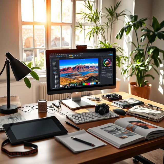 A photo editing scene featuring a stylish workspace with a computer displaying a vibrant and colorful photo editing software interface