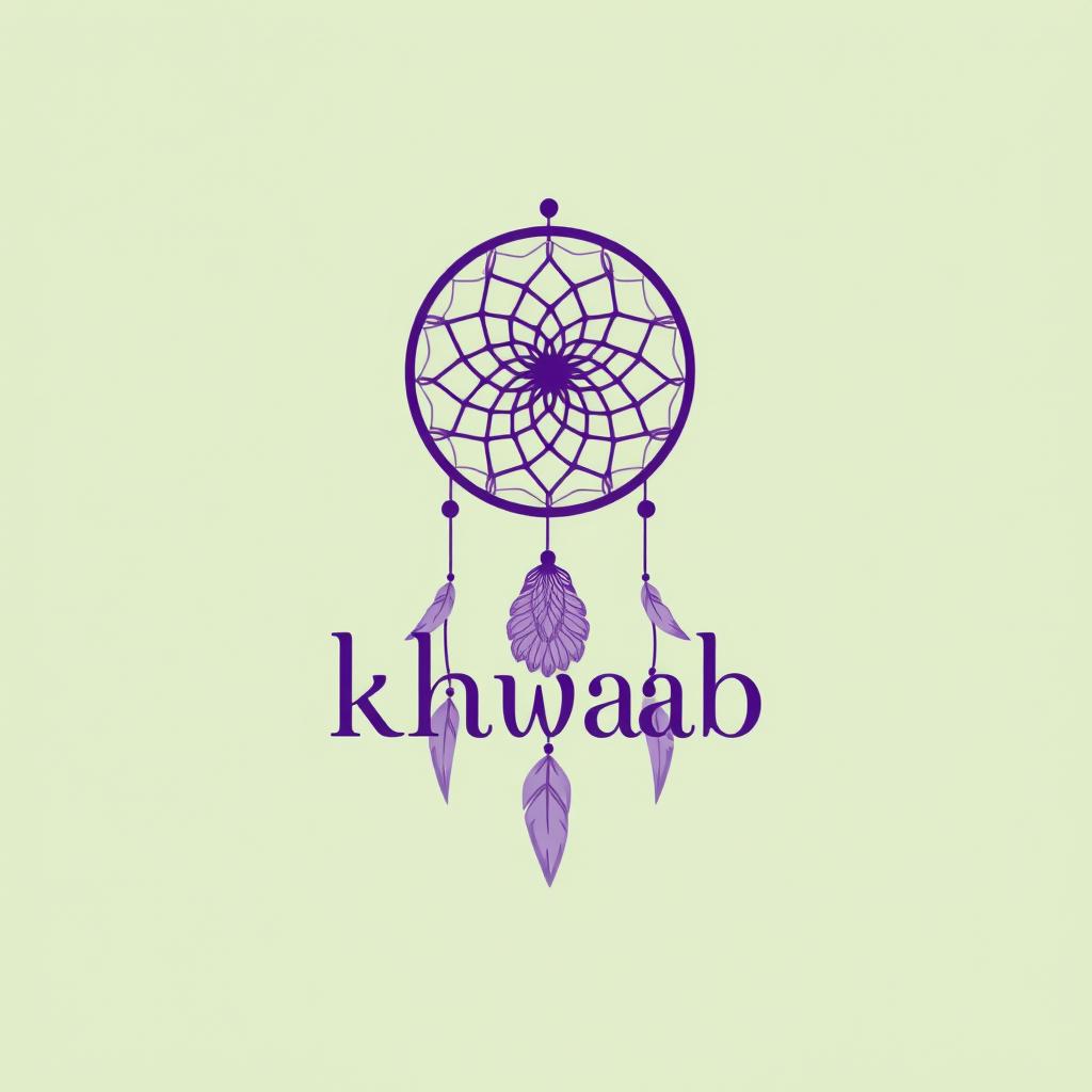 A brand logo featuring a minimalist dream catcher design with intricate details, incorporating the word "khwaab" in a unique, artistic font that flows harmoniously with the design