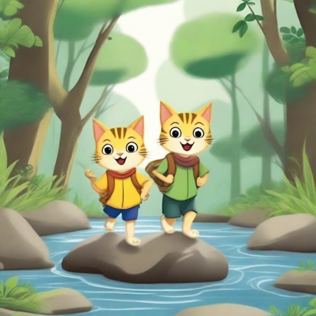 A high-quality digital art image illustrating the adventurous journey of Si Kucing Penjelajah and Tikus Teman Setia