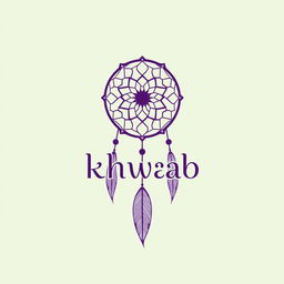 A brand logo featuring a minimalist dream catcher design with intricate details, incorporating the word "khwaab" in a unique, artistic font that flows harmoniously with the design