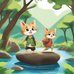 A high-quality digital art image illustrating the adventurous journey of Si Kucing Penjelajah and Tikus Teman Setia