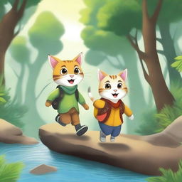 A high-quality digital art image illustrating the adventurous journey of Si Kucing Penjelajah and Tikus Teman Setia