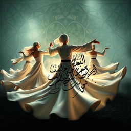 An artistic representation of Islamic whirling dervishes engaged in their spiritual practice, featuring mesmerizing calligraphy that encapsulates the themes of Tasawuf (Sufism) and psychotherapy as a paradigm
