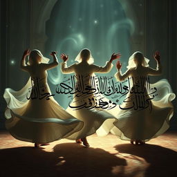 An artistic representation of Islamic whirling dervishes engaged in their spiritual practice, featuring mesmerizing calligraphy that encapsulates the themes of Tasawuf (Sufism) and psychotherapy as a paradigm