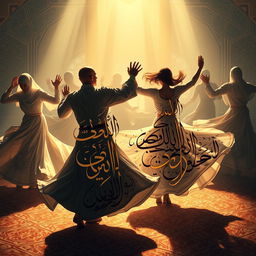 An artistic representation of Islamic whirling dervishes engaged in their spiritual practice, featuring mesmerizing calligraphy that encapsulates the themes of Tasawuf (Sufism) and psychotherapy as a paradigm