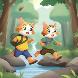 A high-quality digital art image illustrating the adventurous journey of Si Kucing Penjelajah and Tikus Teman Setia