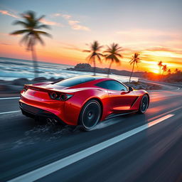 A sleek, modern sports car speeding down a deserted coastal highway at sunset, shining in vibrant red with glossy reflections