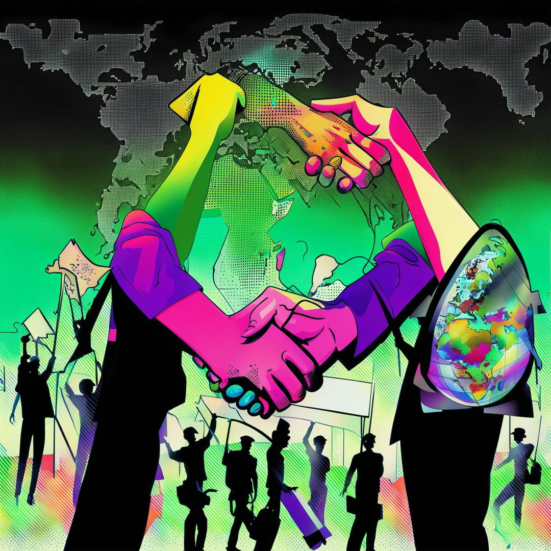 A vibrant, high-quality digital art image divided into segments, each representing a different aspect of current affairs like social movements, global connectivity, and diplomacy