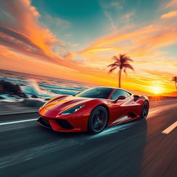 A sleek, modern sports car speeding down a deserted coastal highway at sunset, shining in vibrant red with glossy reflections