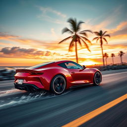 A sleek, modern sports car speeding down a deserted coastal highway at sunset, shining in vibrant red with glossy reflections