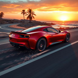 A sleek, modern sports car speeding down a deserted coastal highway at sunset, shining in vibrant red with glossy reflections