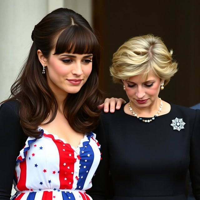 A tall, pretty woman with dark brown hair styled in bangs and a half-up, half-down hairstyle, wearing a vibrant Fourth of July outfit featuring red, white, and blue colors, stands beside a middle-aged woman resembling Princess Diana, who has similar hair and is dressed in an elegant black funeral outfit