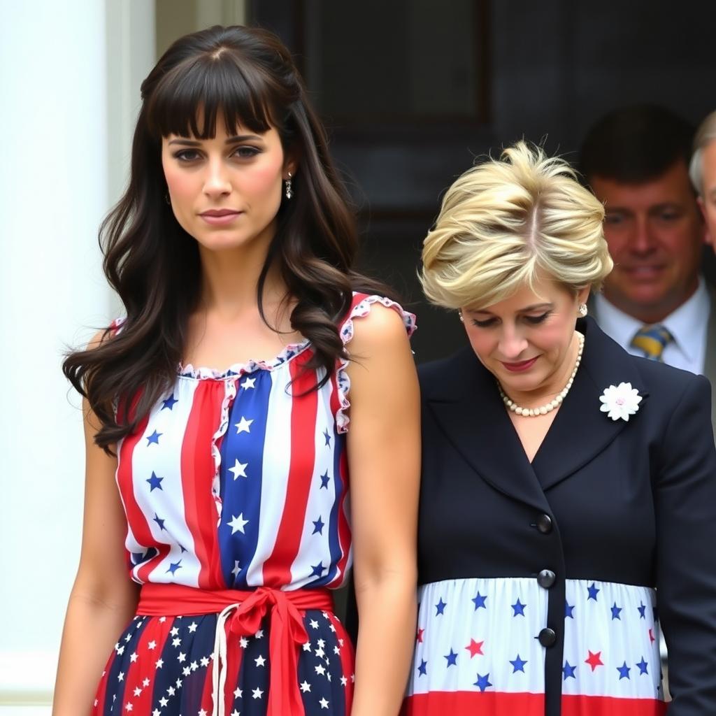 A tall, pretty woman with dark brown hair styled in bangs and a half-up, half-down hairstyle, wearing a vibrant Fourth of July outfit featuring red, white, and blue colors, stands beside a middle-aged woman resembling Princess Diana, who has similar hair and is dressed in an elegant black funeral outfit