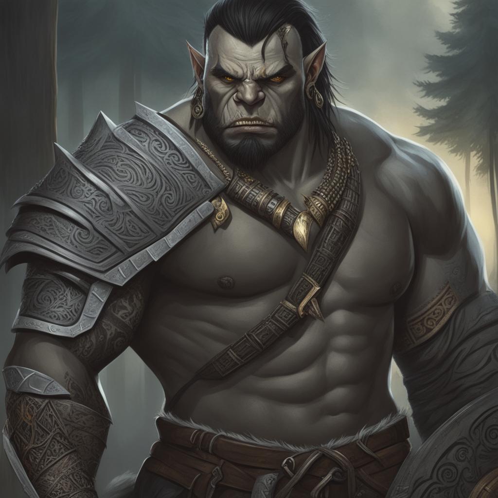 A detailed digital art of an adult male half-orc barbarian, covered in intricate tribal tattoos