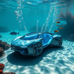 A futuristic, sleek car submerged underwater, surrounded by vibrant coral reefs and colorful fish