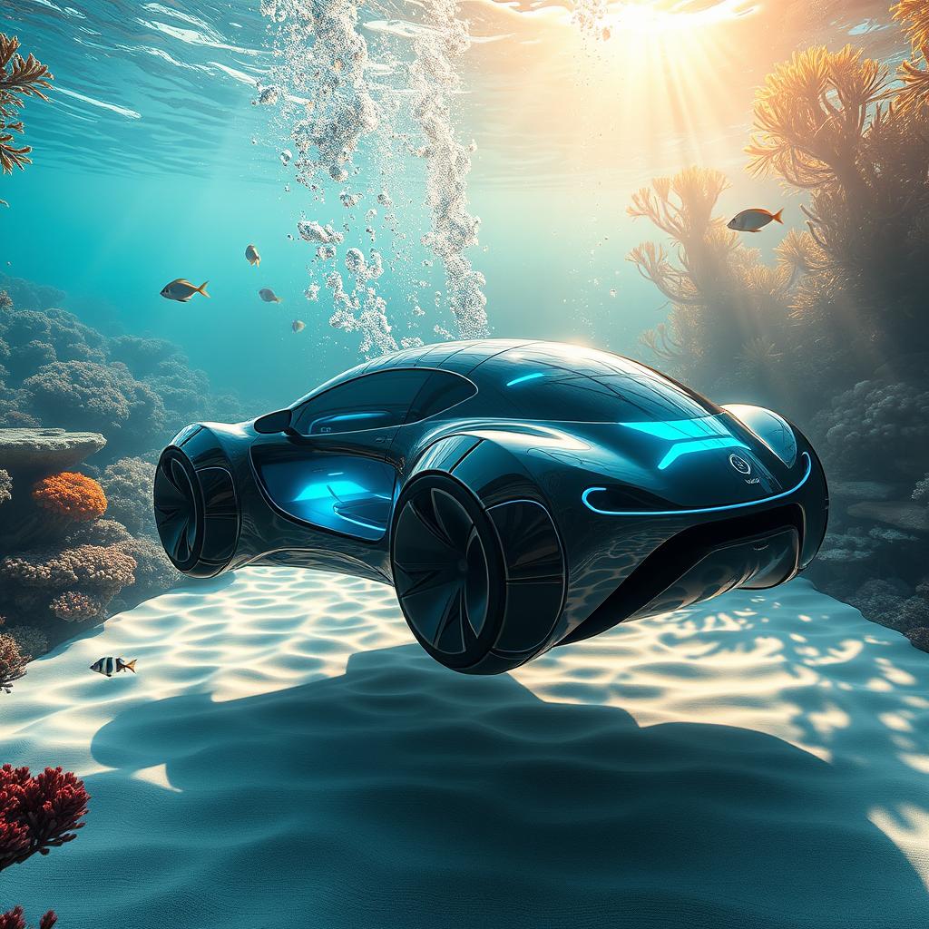 A futuristic, sleek car submerged underwater, surrounded by vibrant coral reefs and colorful fish