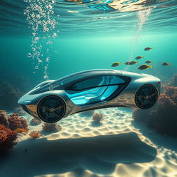 A futuristic, sleek car submerged underwater, surrounded by vibrant coral reefs and colorful fish