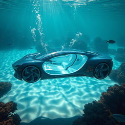A futuristic, sleek car submerged underwater, surrounded by vibrant coral reefs and colorful fish