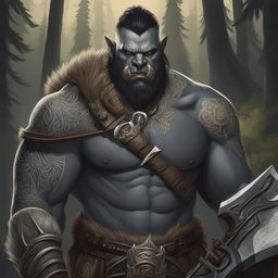 A detailed digital art of an adult male half-orc barbarian, covered in intricate tribal tattoos