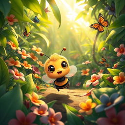 A cute, cartoonish baby bee exploring a vibrant, lush jungle filled with colorful flowers and dense green foliage