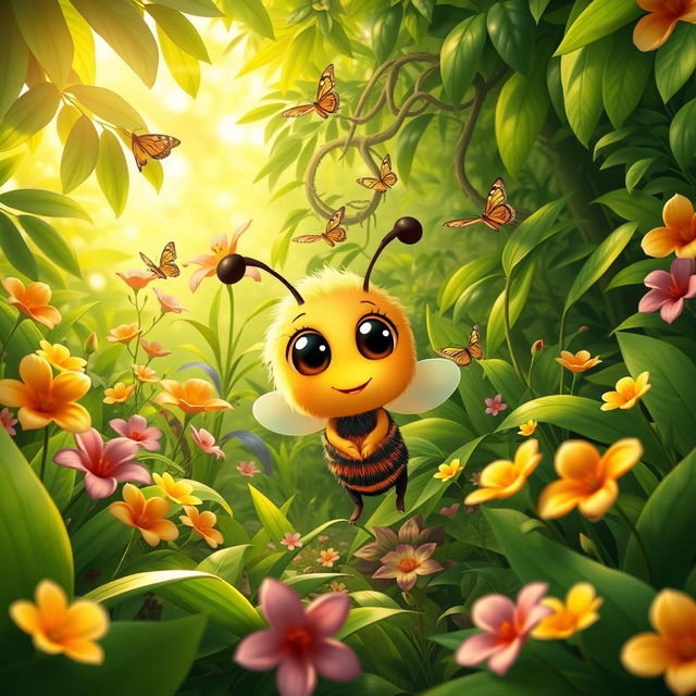 A cute, cartoonish baby bee exploring a vibrant, lush jungle filled with colorful flowers and dense green foliage