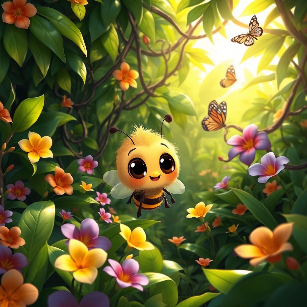 A cute, cartoonish baby bee exploring a vibrant, lush jungle filled with colorful flowers and dense green foliage